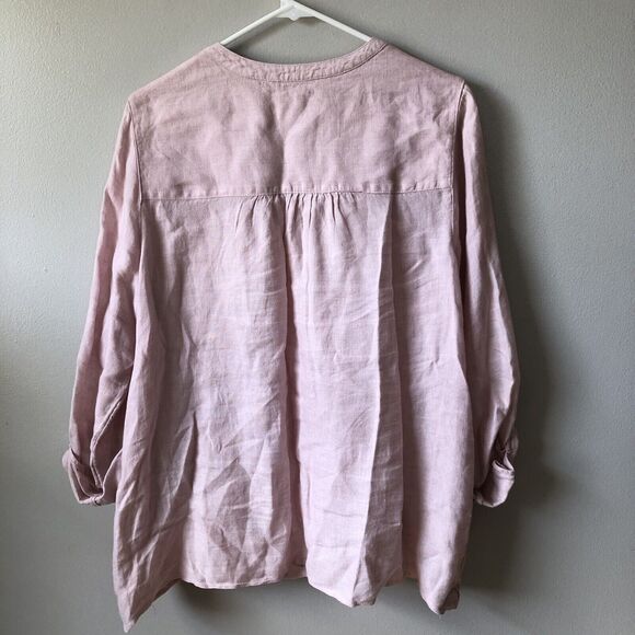 Sigrid Olsen Shirt Womens L 100% Linen Popover Tunic Pink Convertible Roll Tab - Picture 7 of 10
